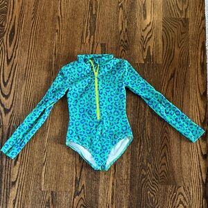 Mini Boden Green and Blue Leopard Kids Rashguard 8-9 years